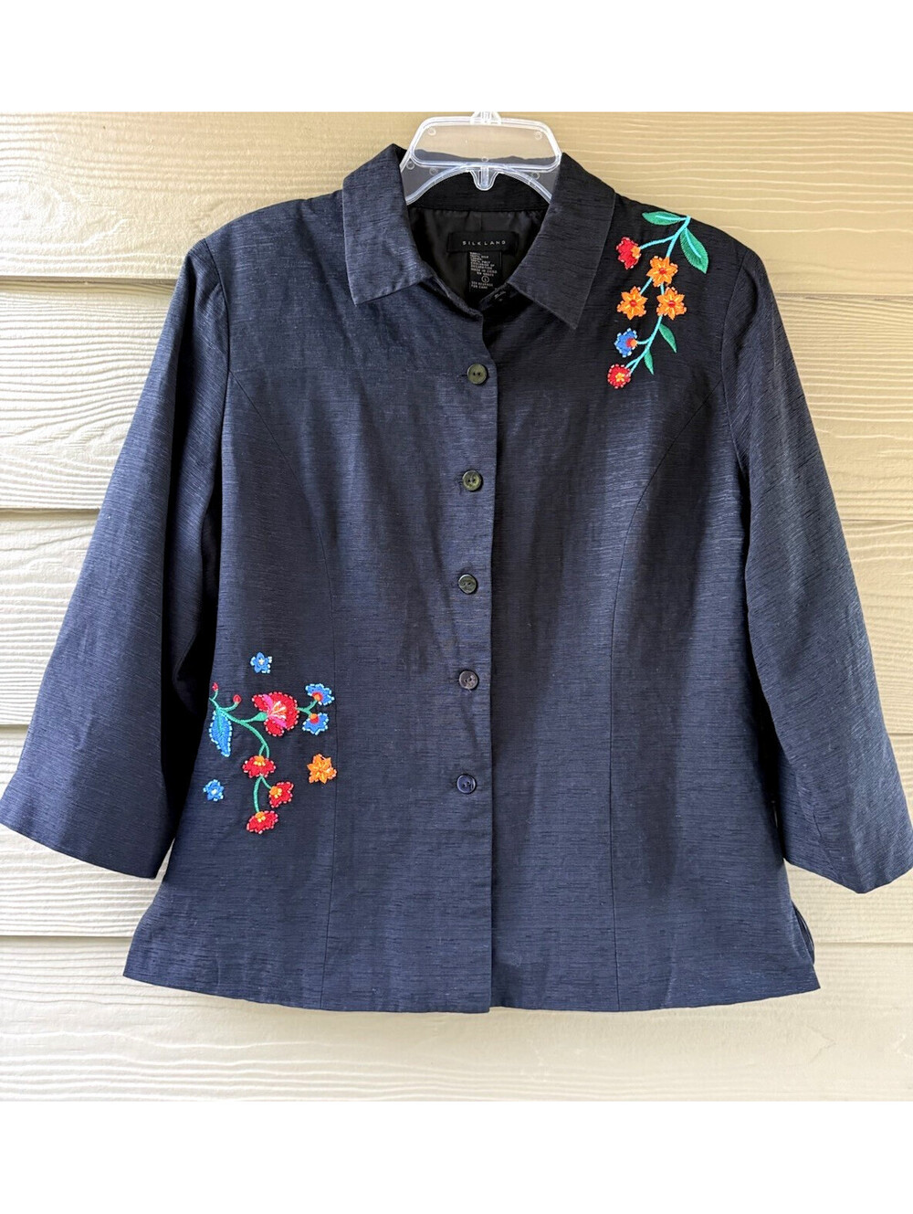 SilkLand Women's 100% Silk Black Floral Embroidered Topper Jacket Blazer Size L